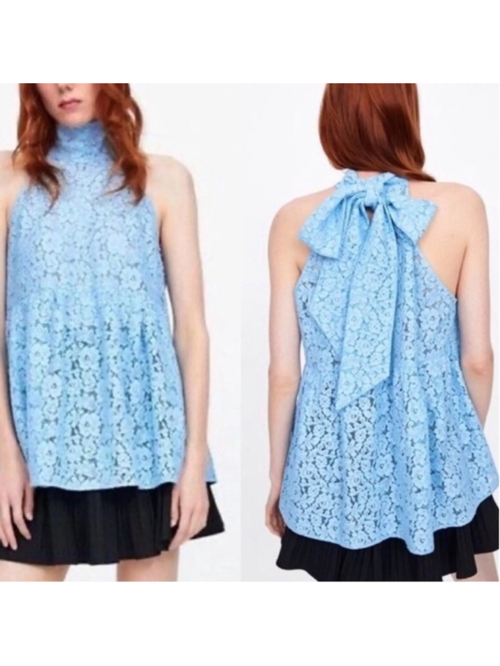 Zara halter top Blue Lace Peplum Sleeveless High neck preppy Size xs